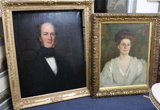 Victorian School, oil on canvas, portrait of a gentleman, 75 x 62cm and an Edwardian portrait of a lady, 61 x 48cm